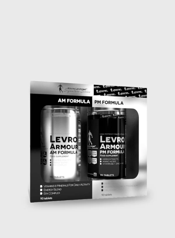 Levro Armour është super kombinim i vitaminave komplekse që përmban formulën e ditës (AM Formula) dhe formula e natës (PM Formula), e rekomanduar për sportistët aktivë. AM Formula plotëson dietën tuaj aktive me vitamina, minerale dhe ekstrakte bimore të cilësis së lartë të cilat rrisin imunitetin dhe ju mbushin me energji gjatë ditës. PM Formula është grup i vitaminave dhe mineraleve të krijuara për t'i dhënë trupit tuaj pushimin sa më të mirë gjatë natës duke ju ndihmuar të rigjeneroheni sa më shpejtë që gjatë ditës të keni sa më shumë energji.