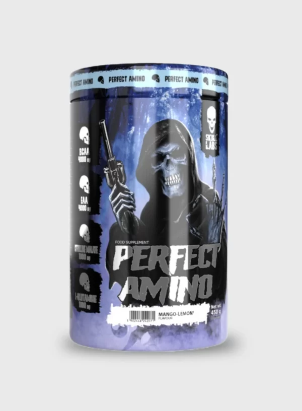 SKULL LABS® PERFECT AMINO. Suplement ushqimor. Me ëmbëlsues. Formula e aminoacideve para/pas stërvitjes, e krijuar për atletët e stërvitjes së forcës dhe njerëzit fizikisht aktivë.