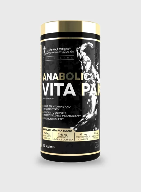 LEVRONE ANABOLIC VITA PAK. Suplement ushqimor. Plotësimi i dietës me vitamina, minerale dhe aminoacide. Rekomandohet për të rriturit fizikisht aktivë. Vitaminat A, B12 dhe B6 kontribuojnë në funksionimin normal të sistemit imunitar. Magnezi, jodi dhe bakri kontribuojnë në metabolizmin normal të prodhimit të energjisë.